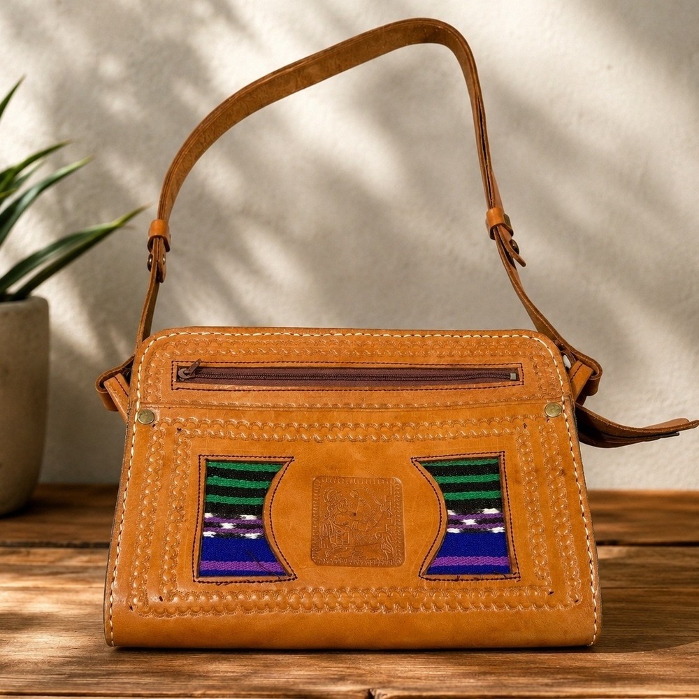 Handmade Mexican Leather Shoulder Bag Brown Tooled Artisan Boho Purse Unique